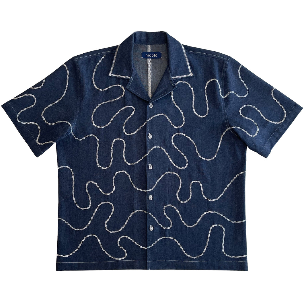 wavy stitch-detailed shirt (dark blue)